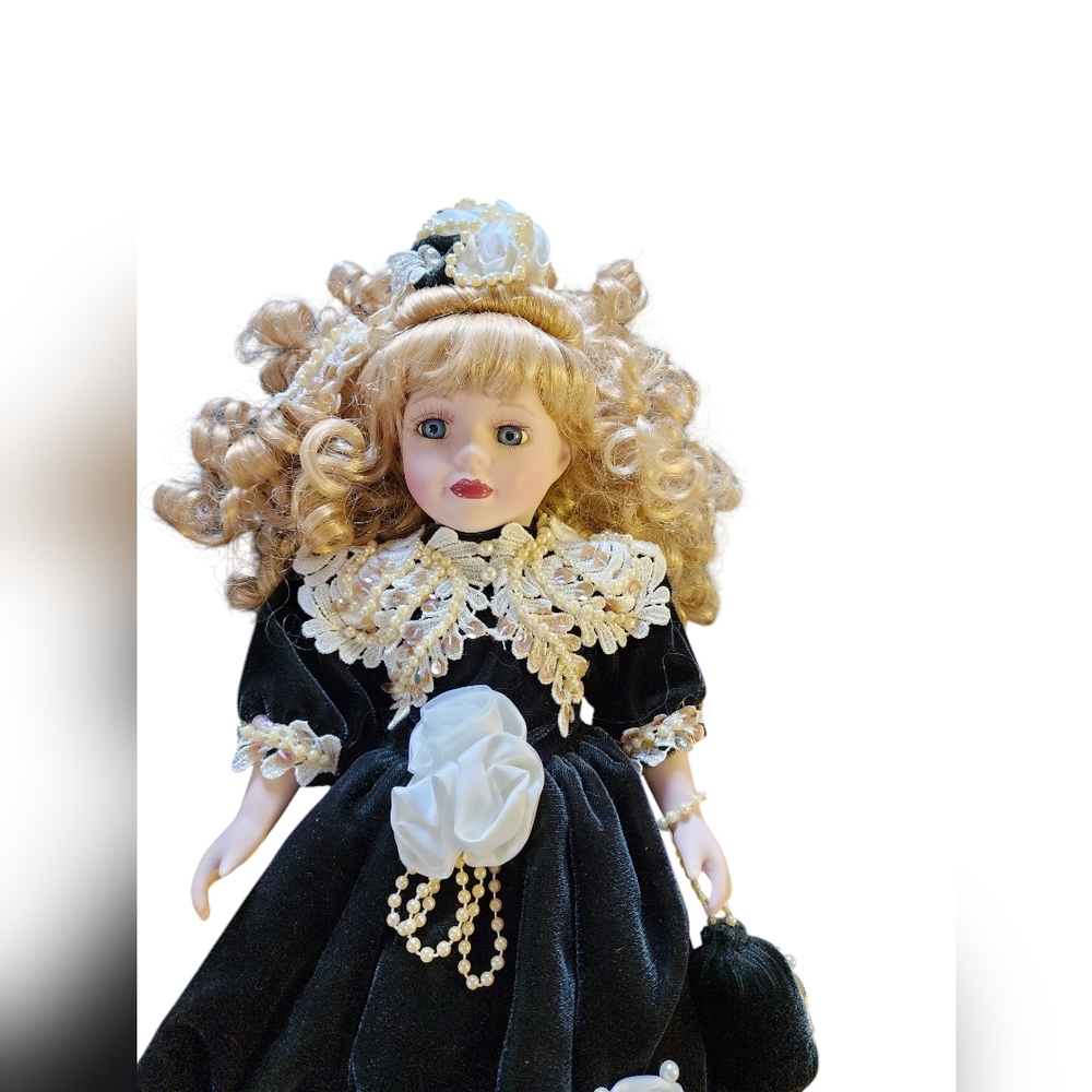 19" Beautiful Vtg Brass Key Victorian Porcelain Doll Curly Hair Velvet Pearl